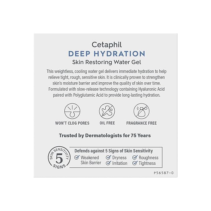 Cetaphil Deep Hydration Skin Restoring Water Gel with Hyaluronic and Polyglutamic Acid, Face Moisturizer, 72 Hour Hydration, For Dry, Dehydrated Sensitive Skin, Fragrance Free, 1.7 oz, Fragrance Free