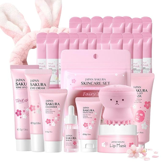 Japan Sakura Skin Care Set for Teen Girls - Evolvique Skin Care for Teens 10-12 - Skincare for Girls 10-12 - Skin Care Kit Gift Set for Women with Cleanser,Serum,Cream(One Size, 8PCS Sakura Scent)