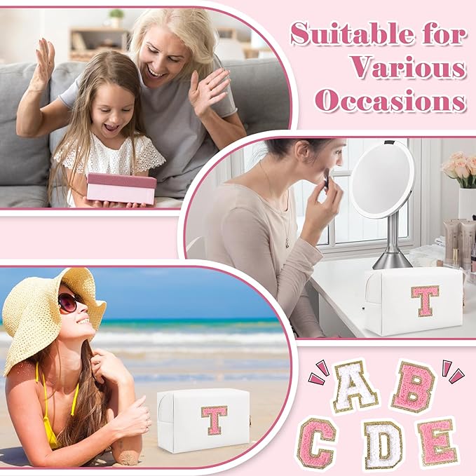 Personalized Makeup Bag Initial A-Z Preppy Patch Bag,Small PU Leather Travel Cosmetic Bag Pouch with Zipper,White Cute Toiletry Bag,Gift Ideal for Teen Girls Women Birthday Friend Mom,Letter T