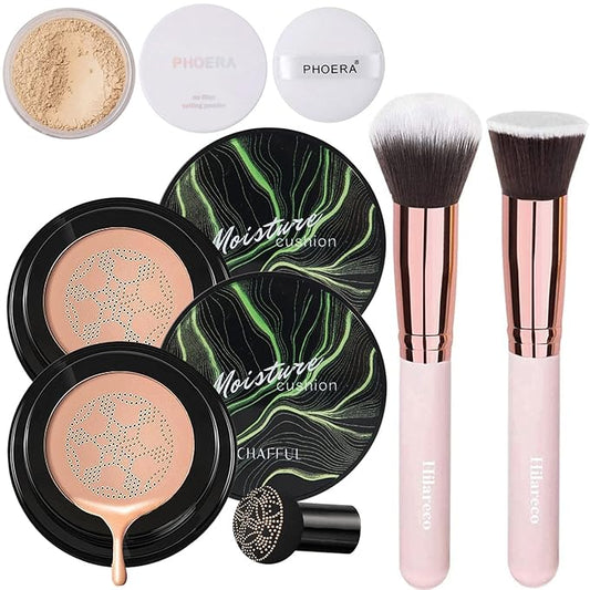 Mushroom Head Air Cushion CC Cream Natural Foundation,Phoera Powder, Bright Makeup Base Long Lasting with Makeup Sponge and Flat Top Kabuki Foundation Brush (#05 Sand)