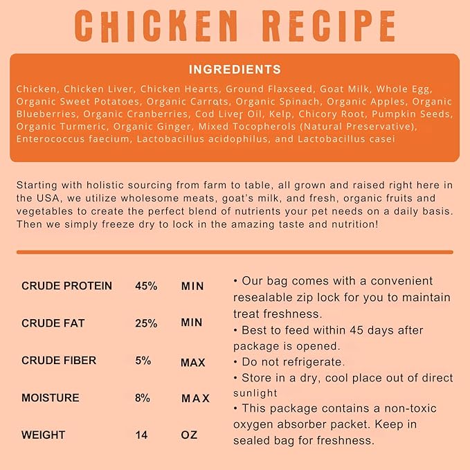 Freeze Dried Raw Dog Food, Chicken Recipe, All Natural, No Synthetics, Made in USA with Goat's Milk & Organic Produce, High Protein, Complete Meal (14oz)