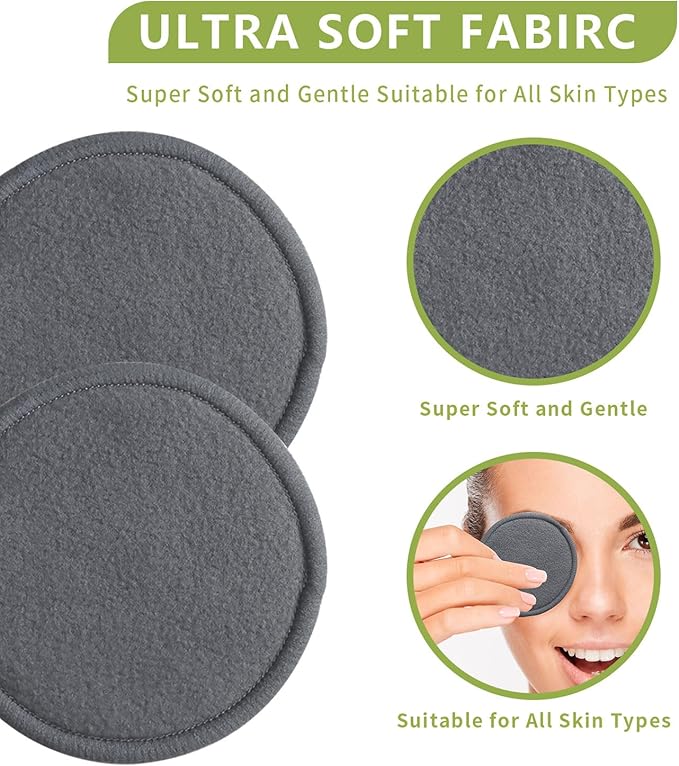 Reusable Cotton Rounds 16Pcs - 100% Natural Bamboo Cotton Pads for Face, Makeup Remover With Laundry Bag and Bamboo Holder (Gray)