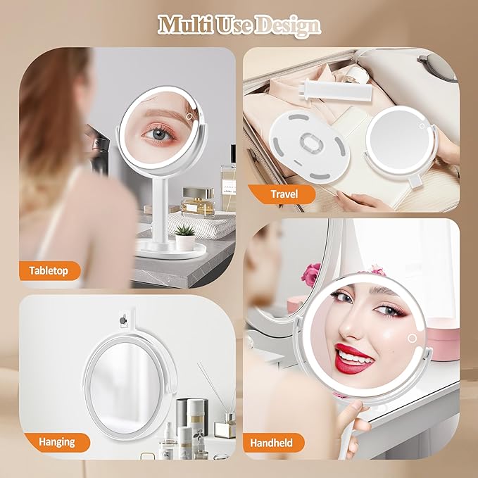 Makeup Mirror with Lights, Double Sided 1x/20x Magnifying Mirror with Light, Rechargeable 3 Color Lights and Adjustable Brightness, 360° Rotation Detachable Comes with Tweezer(White)
