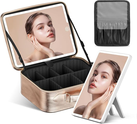 JUSRON Travel Makeup Bag With LED Mirror, Cosmetic Train Case with Light up Mirror, Portable Makeup Artist Organizer Bag with Adjustable Dividers, Makeup Brush Holder Storage (Rose Gold, Medium)