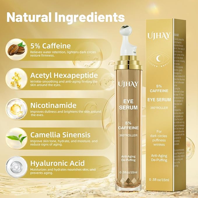 5% Caffeine Eye Cream, Under Eye Serum for Dark Circles, Puffiness & Wrinkles Fine Lines, Eye Roller Serum with 360° Massage Ball, Eye Treatment Balm for Men & Women