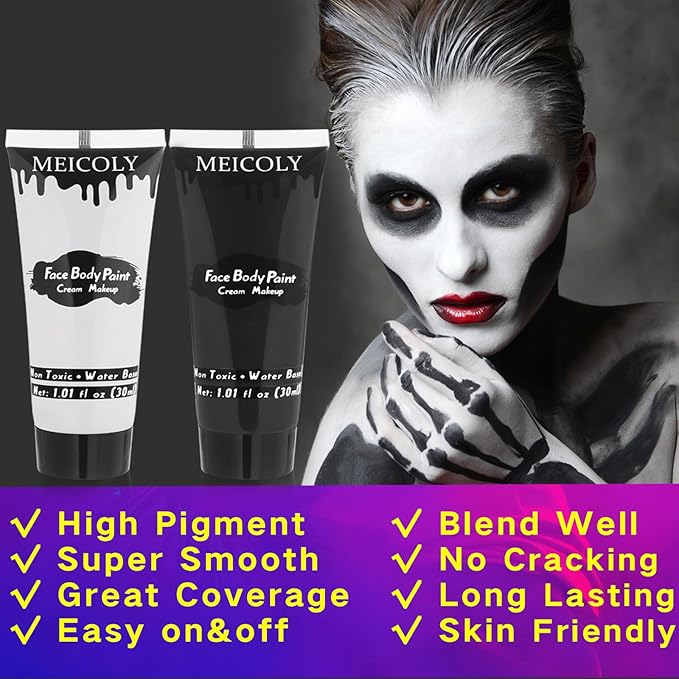 MEICOLY Black White Face Body Paint with Sponges,Water Based Face Paint for Adults Kid,White Face Paint,Face Painting for Clown Makeup,Halloween SFX Skull Zombie Skeleton Mime Goth Makeup Corpse Paint