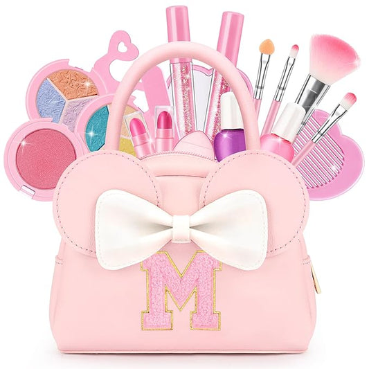 Kids Real Makeup Kit for Girls - 18Pcs Non-Toxic Washable Make Up Toys with Initial Toddler Purse - Personalized Birthday Gifts for Age 3 4 5 6 7 8 9 10 Years Old Girls Vanity Set - M
