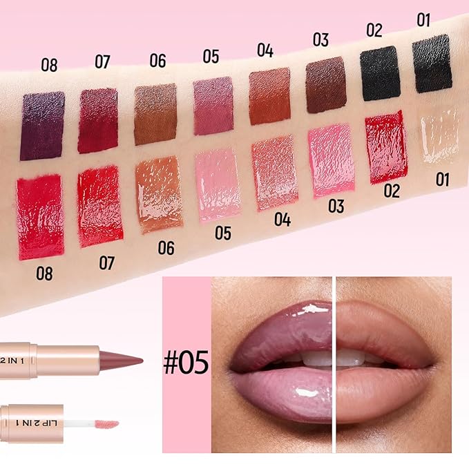2-in-1 Dual-Ended Lip Liner Lipstick & Gloss Set, Lip Combo with Mirror Effect, Smooth Matte Lip Liner and Moisturizing Lightweight Lip Plumping set for Women, 05 Berry