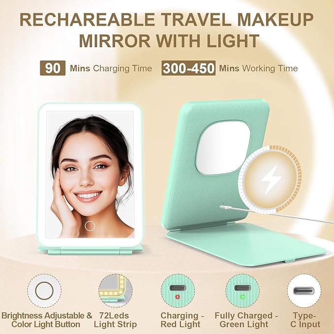 Mocado LED Foldable Travel Makeup Mirror - 5x7 inches3 Colors Light Modes USB Rechargeable Touch Screen, Portable Tabletop Cosmetic Mirror for Travel, Cosmetic, Office (Green)