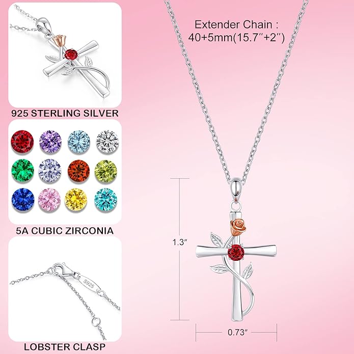 Cross Necklace for Women, 925 Sterling Silver Birthstone Necklace for Women with Rose Flower Birthstone Womens Jewelry Birthday Gifts for Wife Women