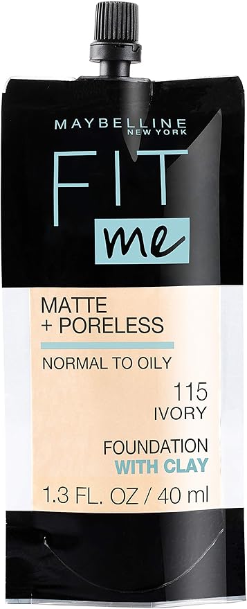 Maybelline New York Fit Me Matte + Poreless Liquid Foundation, Pouch Format, 115 Ivory, 1.3 Ounce