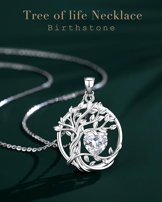 FANCIME Tree of life Birthstone necklace Sterling Silver Pendant Birthstone Necklace Gemstone Anniversary Birthday Jewelry Christmas Gifts for Mom Her Wife