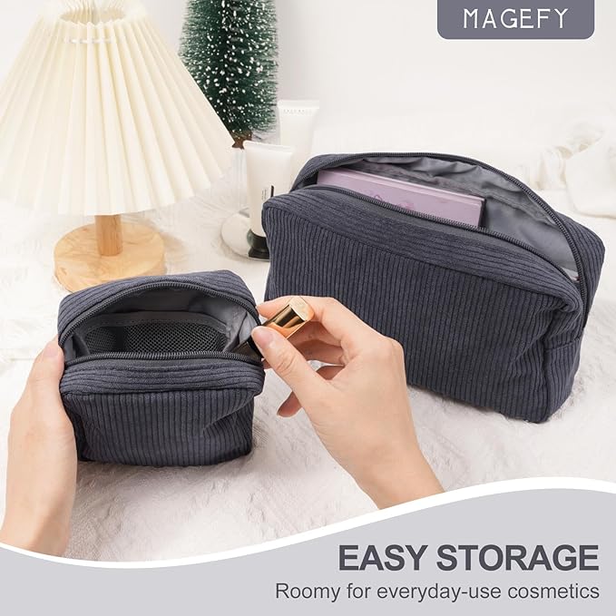 MAGEFY Small Makeup Bag for Purse Mini Cosmetics Bag Corduroy Cute Cosmetic Pouch for Women with Slip-in Pockets