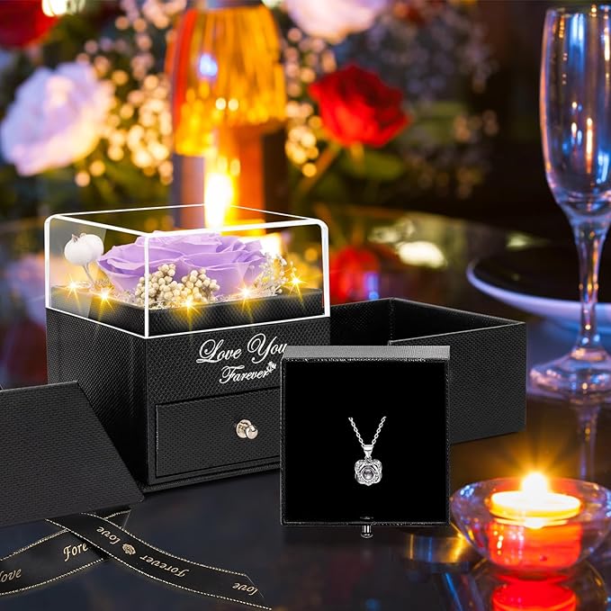 Preserved Light Purple Real Rose with Heart I Love You Necklace -Eternal Flowers Rose Birthday Gifts for Women Her Mom Wife Girlfriend Grandma on Valentines Mothers Day Christmas Anniversary