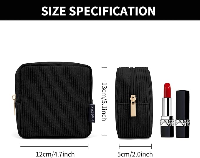 MAGEFY Small Makeup Bag for Purse Mini Cosmetics Bag Corduroy Cute Cosmetic Pouch for Women with Slip-in Pockets