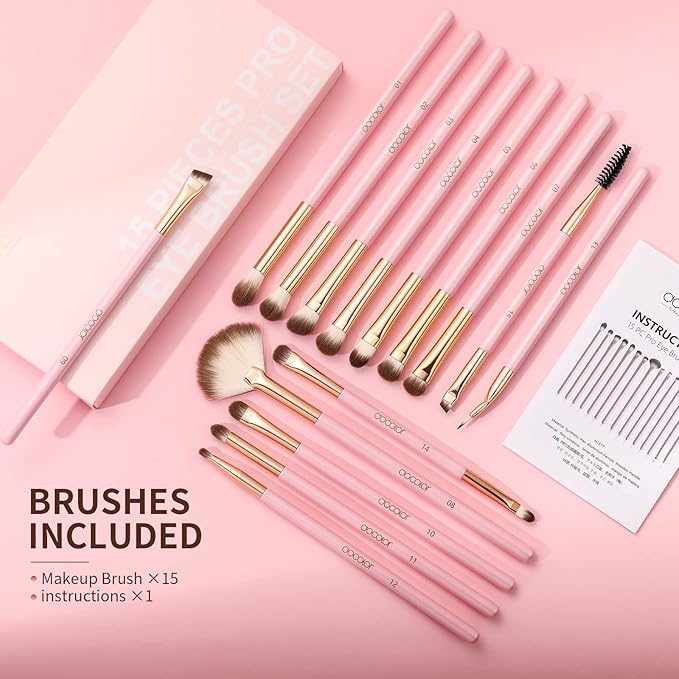 Docolor Eye Makeup Brushes 15Pcs Eyeshadow Brush Set with Soft Synthetic Hairs Professional Eye Shadow Blending Concealer Eyebrow Eyelash Eye Liners Premium Eye Make Up Brushes Set (Pink)