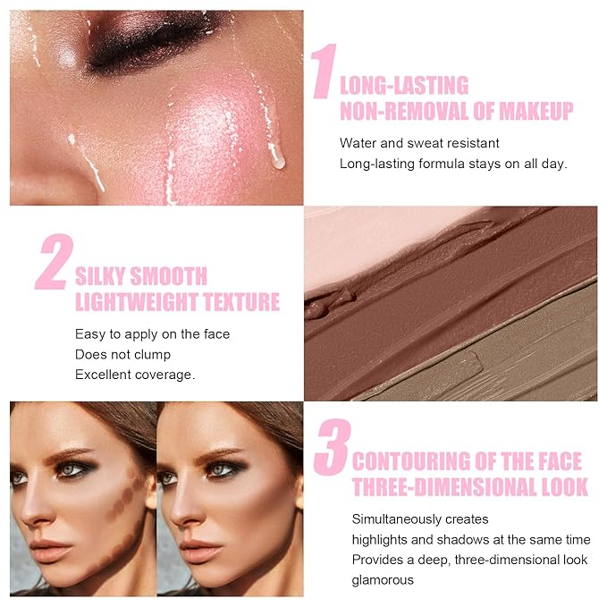 6 Colors Cream Contour Stick Makeup Kit, Shades with Highlighter Stick, Blush Stick and Double-End Bronzer Stick for Sculpt the Cheeks, Waterproof,Dewy & Matte Finish for Beginners (6 COLORS SET A)