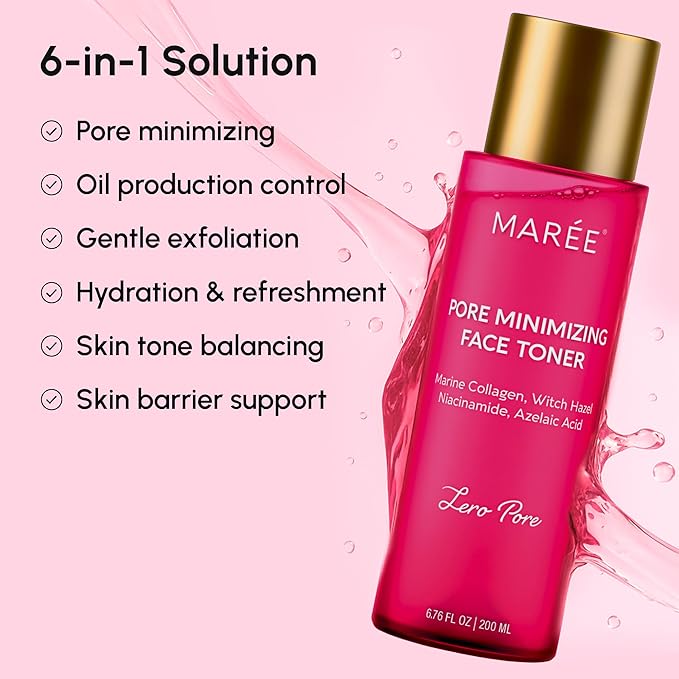 MAREE Pore Minimizer for Face Toner – Witch Hazel Toner with Niacinamide & Marine Collagen – Gentle Exfoliating Oil Control Facial Toner for Women – BHA Liquid Exfoliant – Alcohol Free Tonico Facial