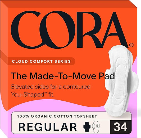 Cora Regular Pads with Wings, Made-to-Move, Organic Cotton Topsheet Ultra Thin Feminine Care Pads for Women, Soft, Comfortable & Breathable Menstrual Pad, Regular Absorbency, Unscented, 34 Count