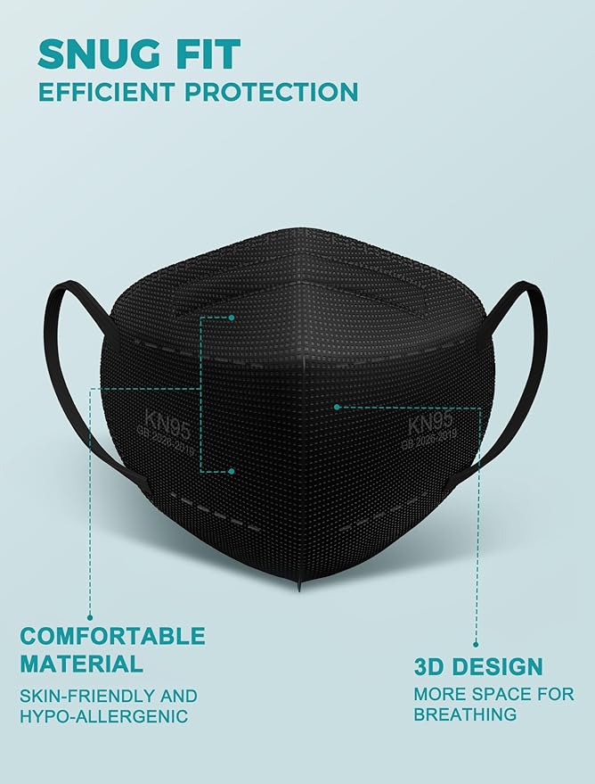 TOPMAX KN95 Face Masks 50 Pack 5-Ply Breathable Filter Efficiency≥95% Protective Cup Dust Disposable Masks Against PM2.5 Black
