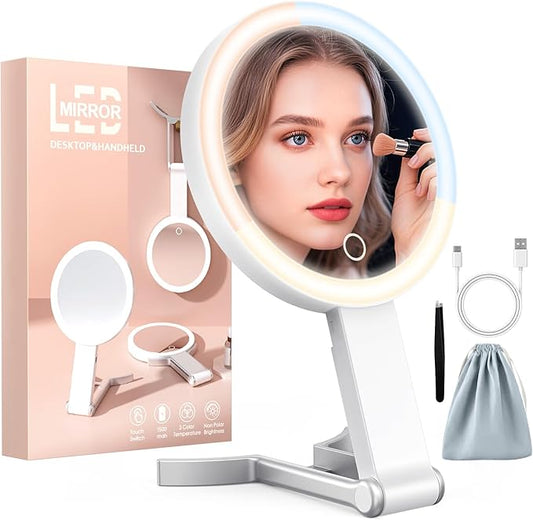 Travel Makeup Mirror with 3 Color Lights, 15X/1X Double Sided Lighted Magnifying Mirror, Portable Handheld Mirror, 3 in 1 Tabletop/Handheld/Hanging, Ideal Gift for Women in Home, Office, Trip, White