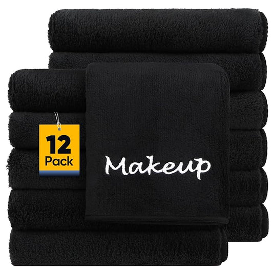 Makeup Remover Cloth, 12 Pack Black Facial Wash Cloths, Soft Coral Fleece Microfiber Towels for Face, Hand, and Bathroom(13" x 13")