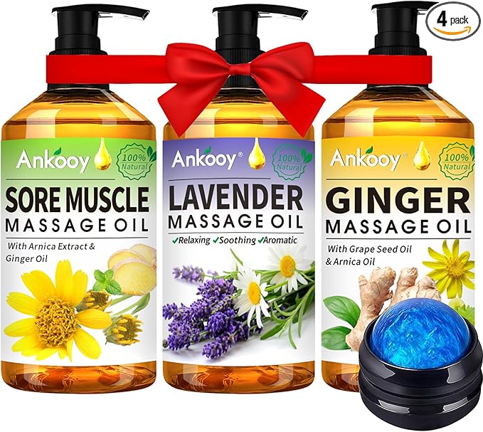 3 Pack Massage Oil for Massage Therapy,Sore Muscle Arnica Oil & Relaxing Lavender Oil & Ginger Oil Lymphatic Drainage & Massage Ball,Lymphatic Drainage Massager Body Oil,Massage Kit Gifts for Women