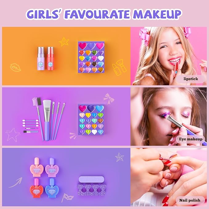 Kids Makeup Sets for Girls, 66pcs Real Cosmetic for Kids Toys with Mirror, Princess Washable Girls Makeup Kit, Non-Toxic & Safe Brithday Gifts for 3 4 5 6 7 8 10 - 12 Years Old（Light Purple）