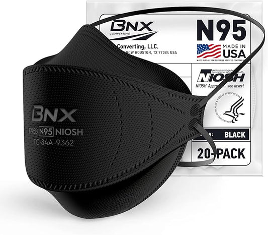 BNX N95 Mask NIOSH Certified MADE IN USA Face Mask, Tri-Fold Cup/Fish Style, 10,20,50-Pack - Black, White (Model F95B,F95W)