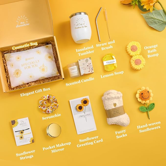 Briney 13Pcs Birthday Gifts for Women, Care Package for Women, Gift Basket, Unique Relaxing Sunflower Themed Present for Mom Wife Sister Best Friend, Yellow