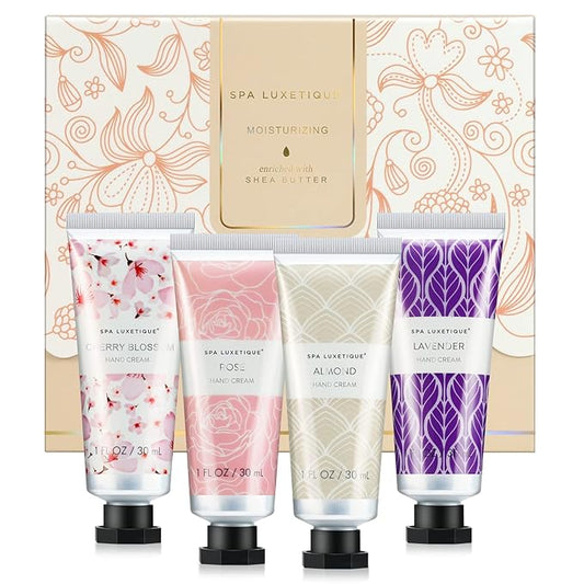 spa luxetique Hand Cream Set Pack of 4 Hand Cream Christmas Gift Set Enriched with Shea Butter and Glycerin for Dry Hands, Hydrating&Moisturing Travel Size Hand Cream, Gifts for Women, Birthday