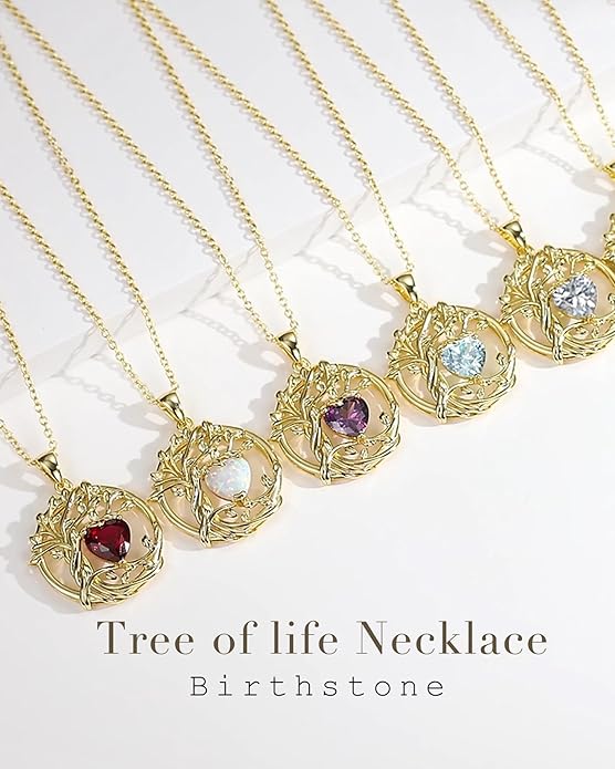 FANCIME Tree of life Birthstone necklace Sterling Silver Pendant Birthstone Necklace Gemstone Anniversary Birthday Jewelry Christmas Gifts for Mom Her Wife