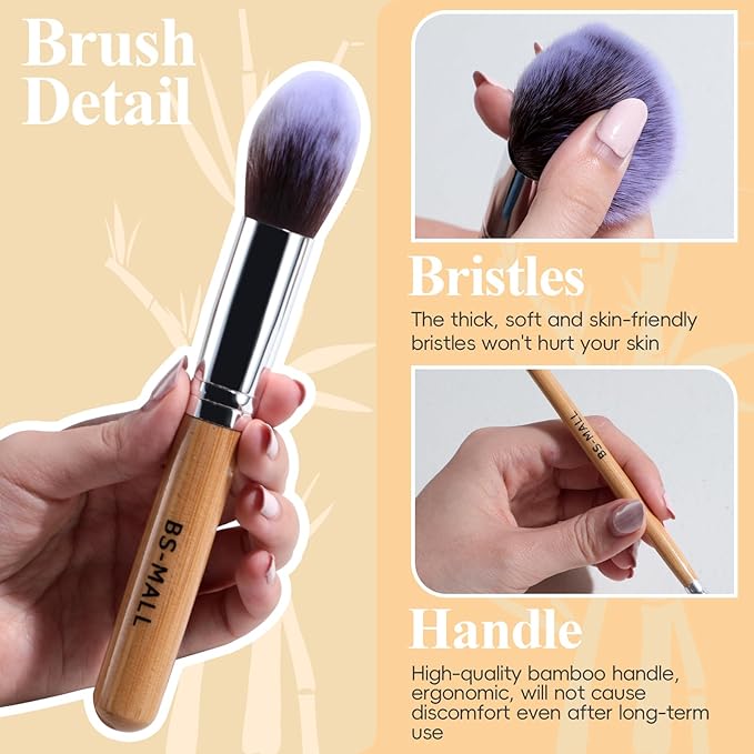 BS-MALL Makeup Brush Set 11Pcs Bamboo Synthetic Kabuki Brush Set Foundation Powder Blending Concealer Eye shadows Blush Cosmetics Brushes with Organizer Bag & Makeup Sponge (style, Count, 17)