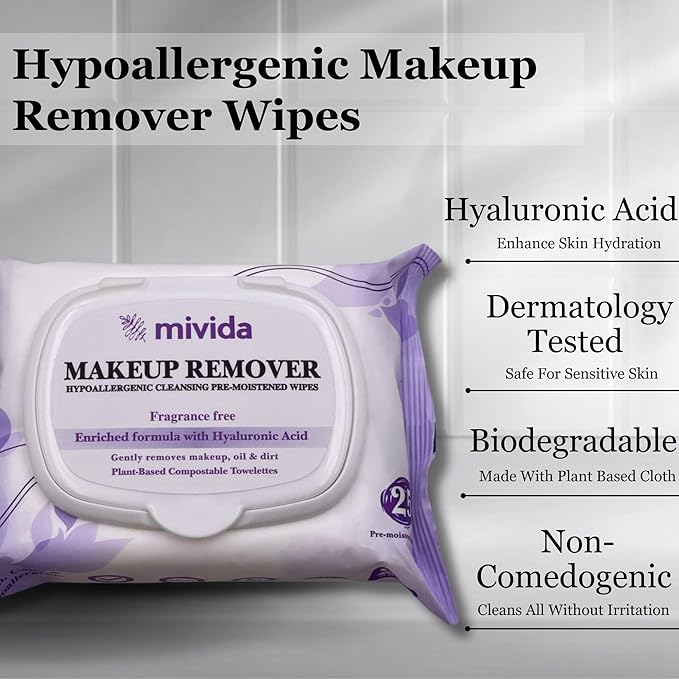 Mivida Hypoallergenic Makeup Remover Wipes with Hyaluronic Acid | Dermatologist-Tested, Biodegradable & Gentle on All Skin Types | Fragrance-Free & Alcohol-Free, 25 Count