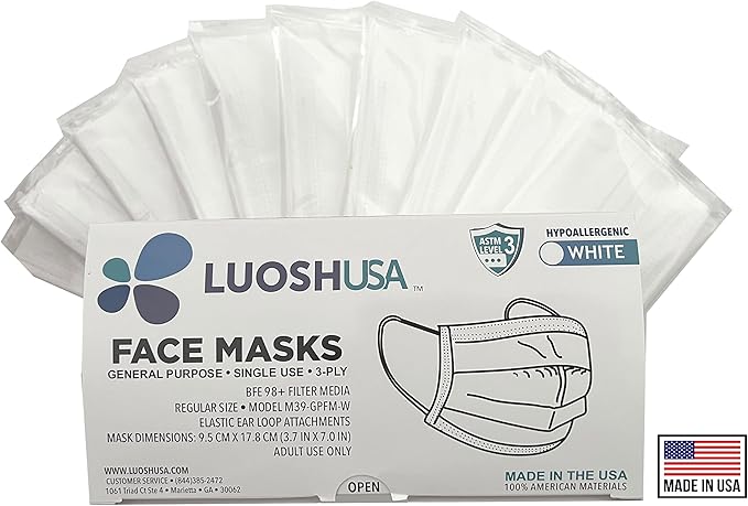Luosh Face Masks Disposable Made in USA, 3 Ply Disposable Masks 50pcs,Adult Mask, Kids Mask, Black Masks, White Masks