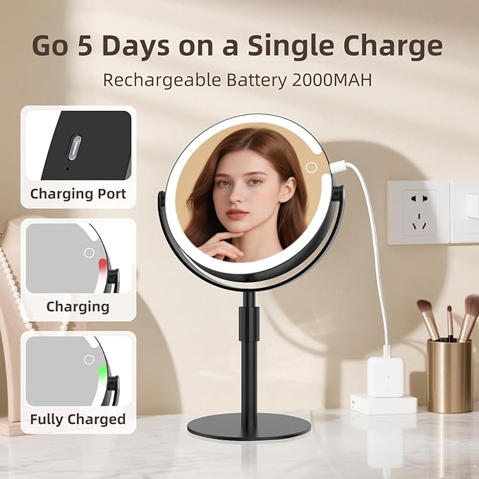Makeup Mirror with Lights, 8" Double Sided 1x/10x Magnifying Vanity Mirror with 3 Color Lights, Rechargeable, 360° Rotation and Adjustable Height, Gift for Women Her