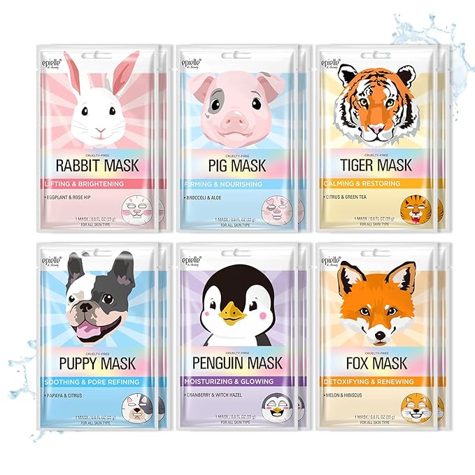 Epielle Animal Character Sheet Masks 12 Pack, Hydrating & Moisturizing Korean Face Mask Skincare Set, Spa Day, Birthday Party, Self Care Gifts for Women