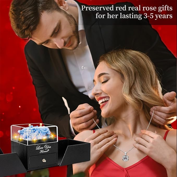 2 Preserved Real Rose with Heart I Love You Necklace- Eternal Rose Birthday Gifts for Women Wife Girlfriend Her Mom on Festivals Gifts Christmas Valentines Mothers Day Anniversary-Sky Blue Roses