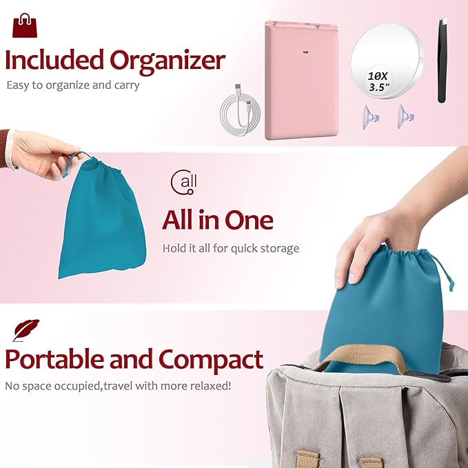 Travel Makeup Mirror with Lights, Rechargeable Portable Folding Compact Mirror Set with Tweezer, Lighted Makeup Mirror with 72 LED 3 Color Light Modes, Dimmable Touch Screen LED Mirrors-Pink