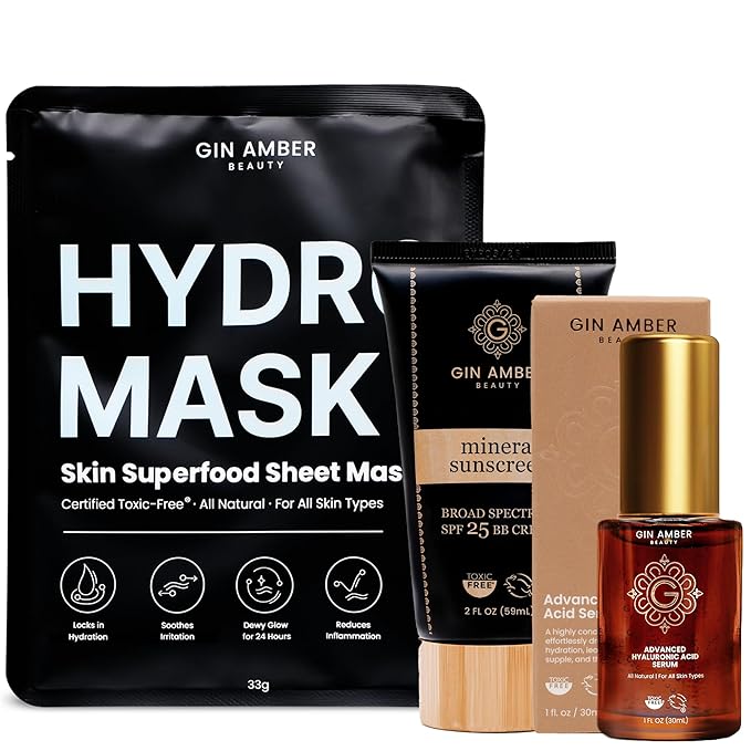 Gin Amber Beauty - Hyaluronic Acid Serum + Mineral Tinted Sunscreen + Superfood Sheet Mask Package
