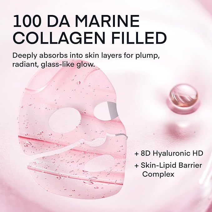 TEREZ & HONOR Korean Real Deep Bio Collagen Face Mask - 16 ea x 33g 100 Dalton Ultra Low Marine Collagen Overnight Hydrogel Masks for Glass Glow Skin, Hydration, Pore, Elasticity, Firming, Unscented