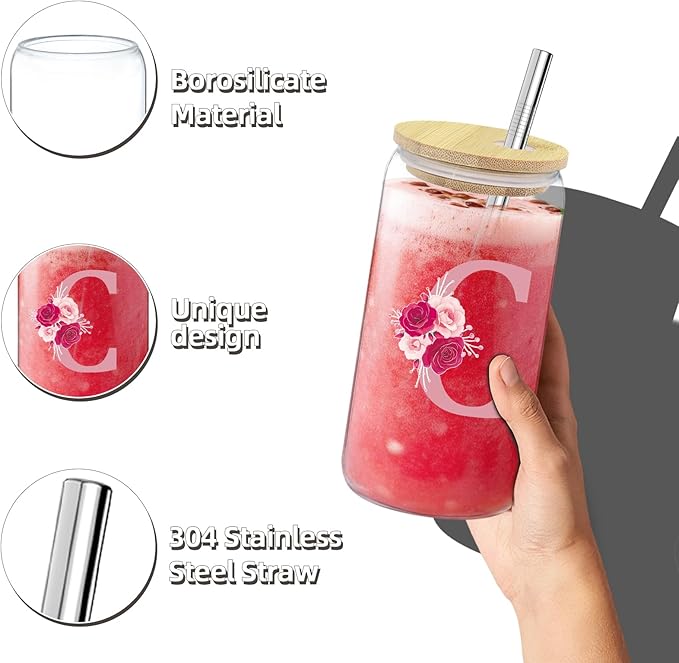 Initial Canvas Tote Bag,Birthday Gifts for Women,Monogrammed Gifts for Women,16oz Glass Cup,Personalized Gift for Mom,Initial Makeup Bag,Unique Gift for Mom Sister Bestie-C