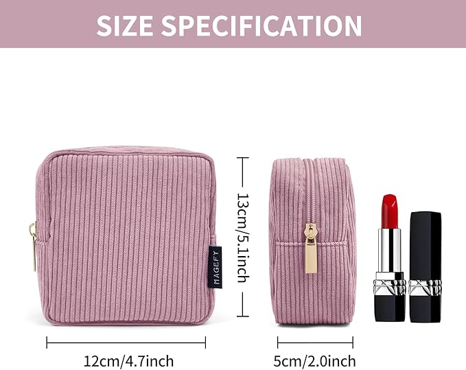 MAGEFY Small Makeup Bag for Purse Mini Cosmetics Bag Corduroy Cute Cosmetic Pouch for Women with Slip-in Pockets