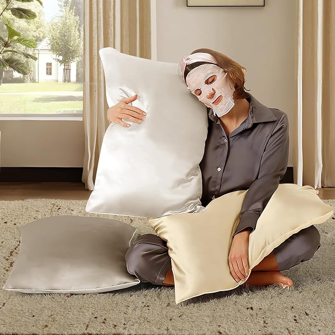 BHZ Satin Goose Down Feather Pillows Queen Size with Beige Satin Pillowcase for Hair and Skin, Cooling Pillow Cases Similar to Silk Pillow Cases, Christmas Decorative Gifts for Women, Mom Men
