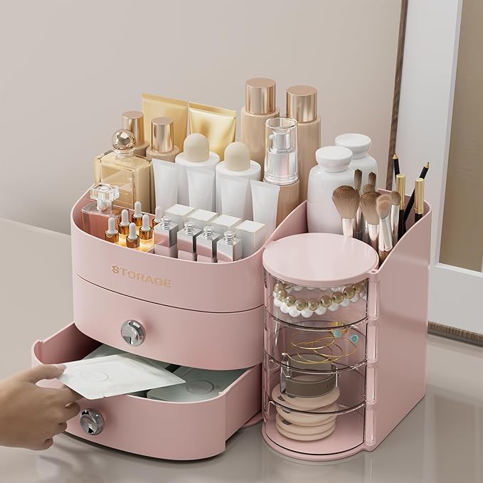 Makeup Organizer Countertop with Drawers, Make up Organizers for Vanity, Skincare Jewelry Earring Organizers, Cosmetic Display Cases Makeup Storage for Bedroom & Bathroom, Ideal Gifts for Women(Pink)