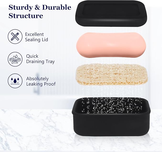 Leak Proof Silicone Travel Soap Case with Draining Layer, Travel Size Toiletry, Portable Soap Container for One Regular Bar Soap Perfectly, Shatter-Proof Soap Holder for Bathroom, Gym (Black)