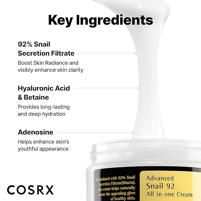 COSRX Snail Mucin 92% Face Moisturizer, 3.52 Oz, Lightweight Moisturing Cream for Soft, Glowy Skin, Korean Skin Care, Korean Moisturizer Face Cream