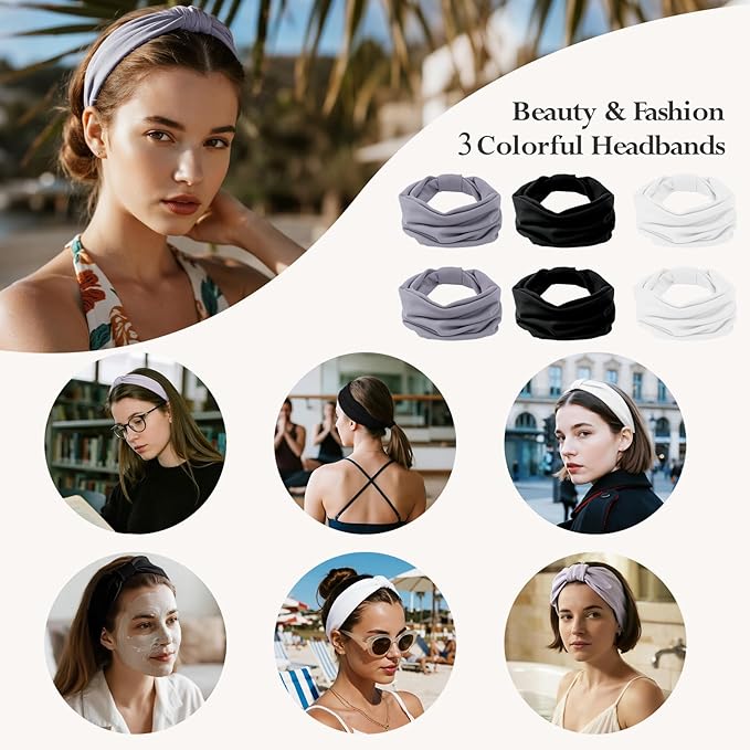 Headbands for Women, Wide Elastic Head Bands, Non-Slip Thick Hair Bands, Sports Stretchy Sweat Bands, Large Knotted Soft Headband for Washing Face, Makeup, Workout, Spa, Two Black/White/Gray
