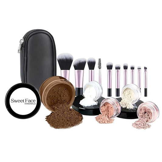 16pc Beginner Mineral Makeup STARTER KIT with 10 BRUSH SET (5gm)Sample Size Foundation, Primer, Blush, Bronzer, Setting Powder for Learning, Occasional Use & First Time Users, Travel Size Kit (Ebony)