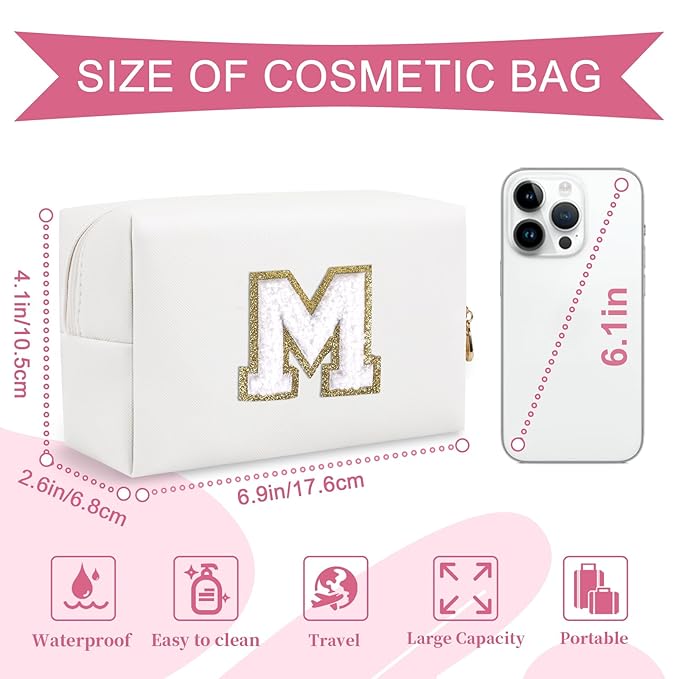 Small Personalized Initial A-Z Preppy Patch Makeup Bag,White PU Chenille Letter Travel Cosmetic Pouch with Zipper,Cute Toiletry Bag,Gift Ideal for Teen Girls Women Teacher Bridesmaid,Letter M